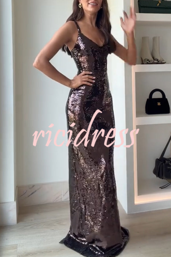 Dazzling Like Flowing Water Sequin V-neck Back Zipper Slit Maxi Dress