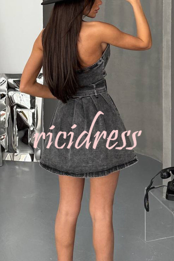 Fashionable Halterneck Open-back Belted Denim Mini Dress