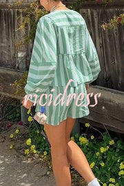 Stylish Striped Print V-neck Tie Top and Elastic Waist Loose Shorts Set