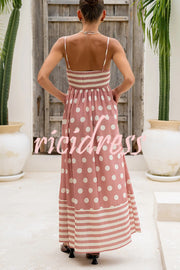 Striped Polka-dot Print Sling Pleated Open-back Maxi Dress