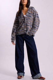 Fashionable Mixed Color Loose V-neck Casual Knit Cardigan