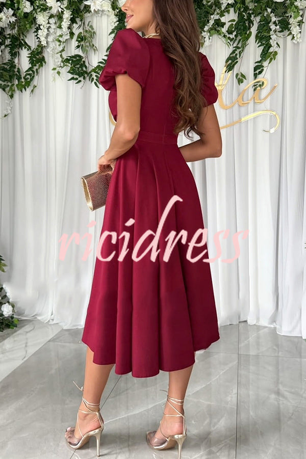 Zayla Solid Color Puff Sleeve V-neck Waist Slim Fit Midi Dress