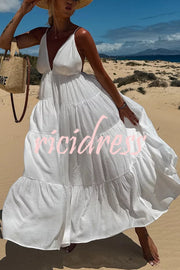 Bohemian Style V-neck Backless Slip Layered Vacation Maxi Dress