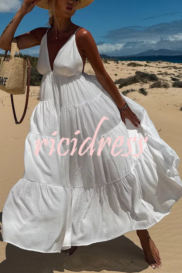 Bohemian Style V-neck Backless Slip Layered Vacation Maxi Dress