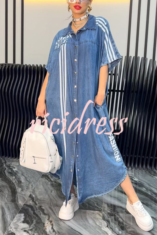 Fashion Letter Print Lapel Cardigan Loose Maxi Dress