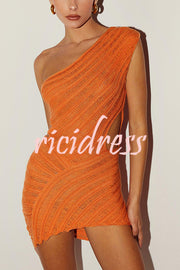 Solid Color Sexy One Shoulder Hollow Stitching Slim Fit Knitted Mini Dress