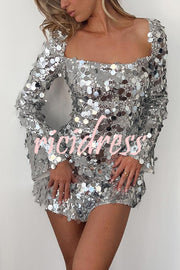 Bring The Disco Large Sequins Square Neck Long Bell Sleeve Backless Slit Mini Dress