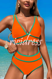 Solid Color Contrast High Waist Stretch Bikini Swimsuit