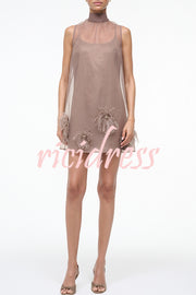 Playful Charm Sheer Chiffon Embellished Feather Back Bow H-line Mini Dress