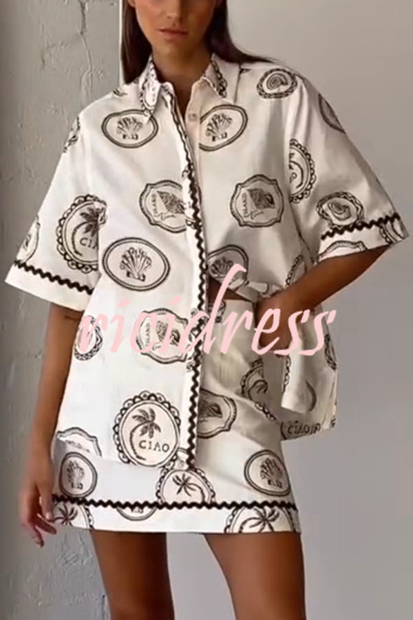 Resort Style Print Lapel Short Sleeve Shirt and Casual Mini Skirt Set