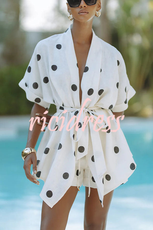Playful Linen Blend Polka Dot Tie-up Kimono Top and Elastic Waist Pocket Shorts Set