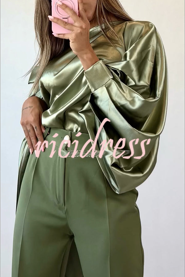 Chic Moment Satin Irregular Knot Slit Sleeve One Shoulder Loose Blouse