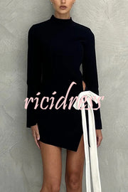 Fashionable Long-sleeved Hollowed-out Bow Slim-fit Mini Dress