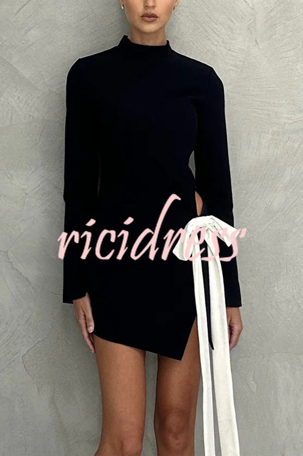 Fashionable Long-sleeved Hollowed-out Bow Slim-fit Mini Dress