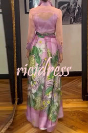 Seeds of Happiness Tulle Floral Print Elastic Waist Belt Pocketed Maxi Skirt