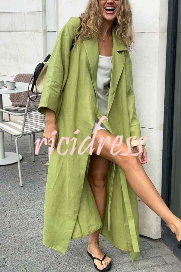 Linen Blend Solid Color Casual Lapel Tie Loose Maxi Dress