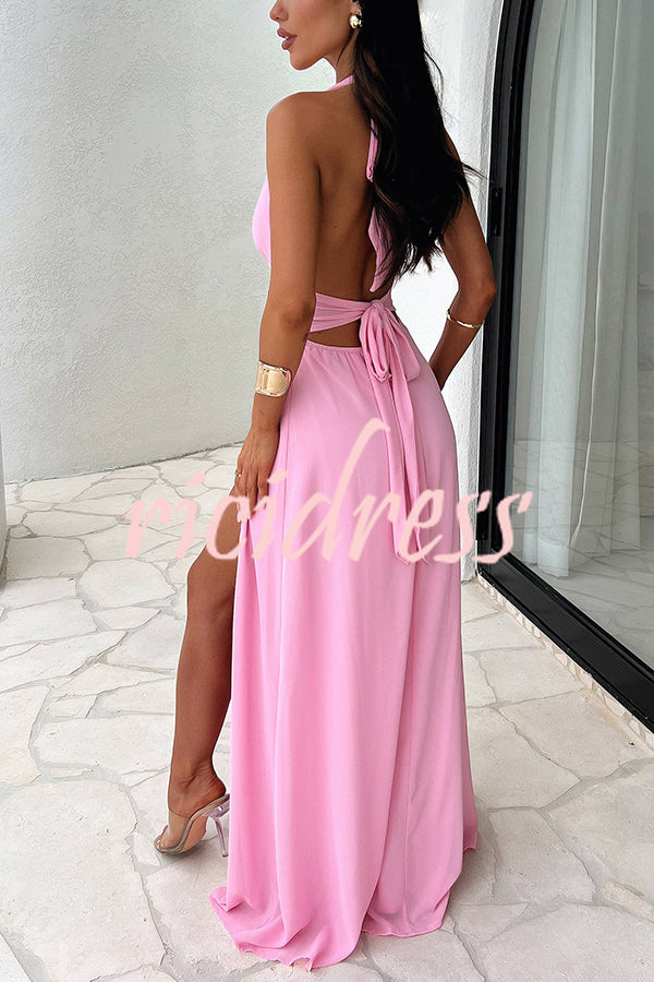 Sexy V-neck Backless Waist Tie High Slit Maxi Dress