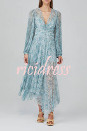 Dreamy Seaside Floral Balloon Sleeve Pleated Lightweight Maxi Dress