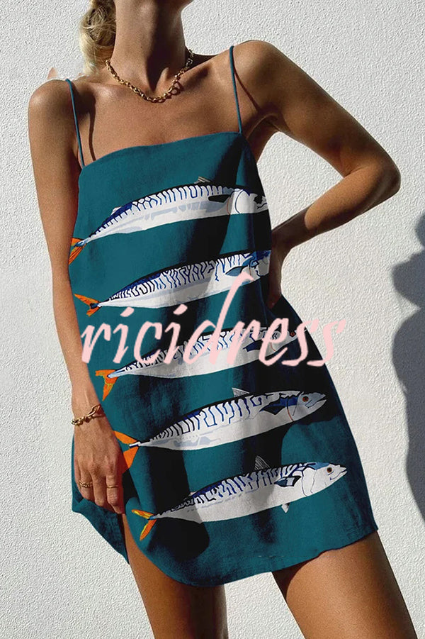 Unique Ocean Print Sexy Strappy Mini Dress