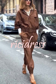 Street Charm Glossy Fabric Button Pocket Cargo Jacket and Elastic Waist Jogger Pants Set