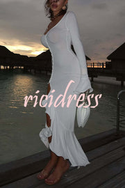 Solid Color Long Sleeve Sexy Slim Fit Ruffled Midi Dress