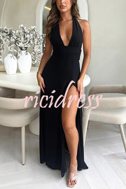 Sexy V-neck Backless Waist Tie High Slit Maxi Dress