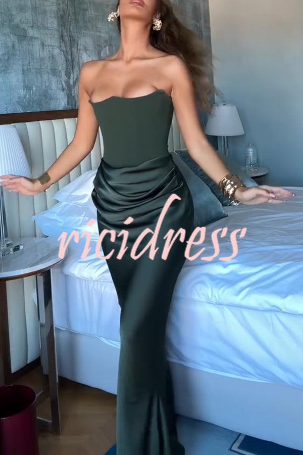 Attend The Gala Strapless Corset Satin Ruched Hip Drape Maxi Dress