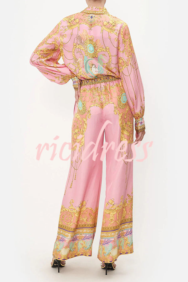 Mermaid Motel Unique Print Long Sleeve Loose Shirt and Elastic Waist Pants Set