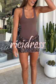 Shine Your Event Ruched Sequin Draped Hem Tank Stretch Mini Dress