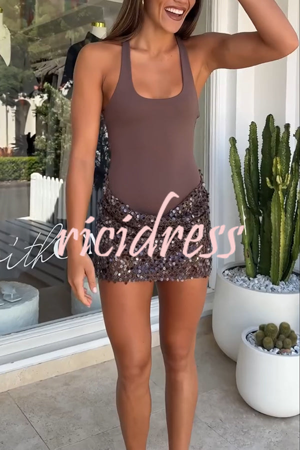 Shine Your Event Ruched Sequin Draped Hem Tank Stretch Mini Dress