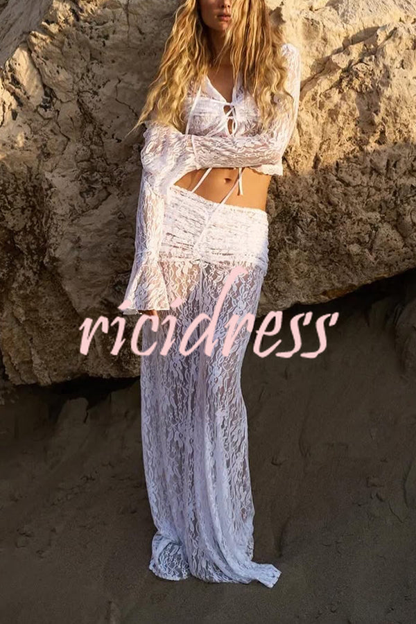 Sexy Lace Long-sleeve Lace-up Top and Pleated Sheer Maxi Skirt Set