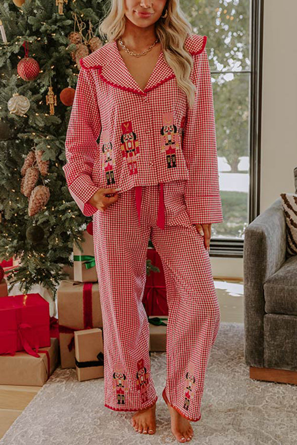 Nutcracker Charm Embroidered Gingham Loose Shirt and Elastic Waist Pajama Set