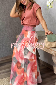 Laylin Wide Sleeve Shirt and Watercolor Print High Waist Drape Pocket Maxi Skirt Set