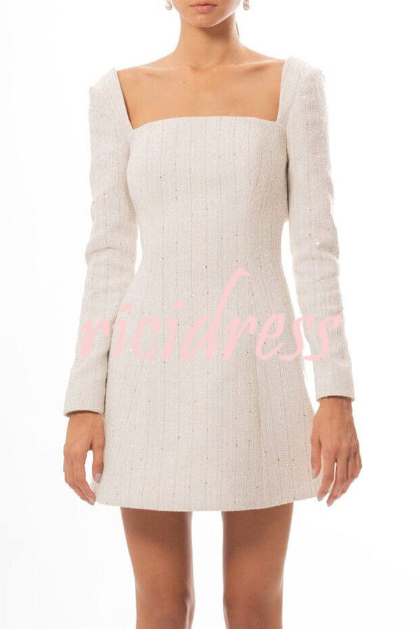 Chic Playful Vibes Tweed Square Neck Open Back Bows Mini Dress