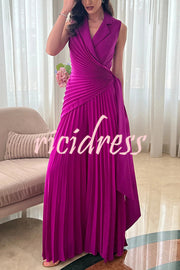 Solid Color Lapel Sleeveless Waist Tie Pleated Wide-leg Jumpsuit