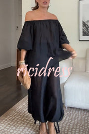 Comfortable Area Chiffon Off Shoulder Balloon Sleeve Top and Elastic Waist Knotted Bloomer Set