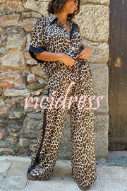 Leopard Print Color Block Short Sleeve Loose Shirt and Elastic Waist Pocket Pants Set