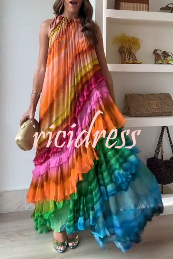 Rosha Georgette Crepe Tie-dye Print Layered Ruffles A-line Maxi Dress