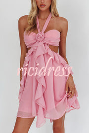 Romantic Midnight Rose Detail Cutout Ruffles Halter Mini Dress