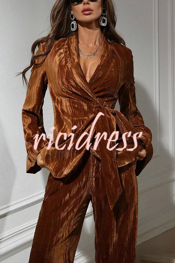 Solid Color Velvet Pleated Long-sleeved Tie Top and Casual Pocket Straight-leg Pants Set