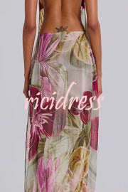 Floral Print Sexy Backless Slit See-Through Holiday Maxi Dress