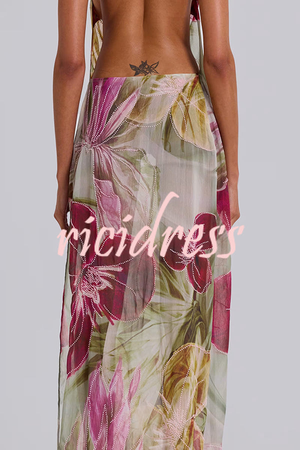 Floral Print Sexy Backless Slit See-Through Holiday Maxi Dress