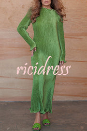Hansin Satin Pleated Fabric Long Sleeve Wavy Trim H-line Slit Midi Dress