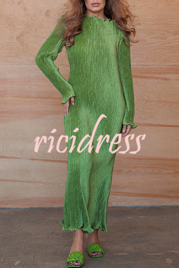 Hansin Satin Pleated Fabric Long Sleeve Wavy Trim H-line Slit Midi Dress