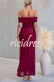 Sexy Mesh Off-shoulder Slim Fit Ruffled Slit Maxi Dress