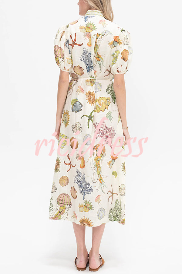 Beach Shell Print Puff Sleeve Tie-Waist Casual Midi Dress