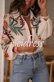 Botanical Print Loose Lapel Long Sleeve Casual Shirt