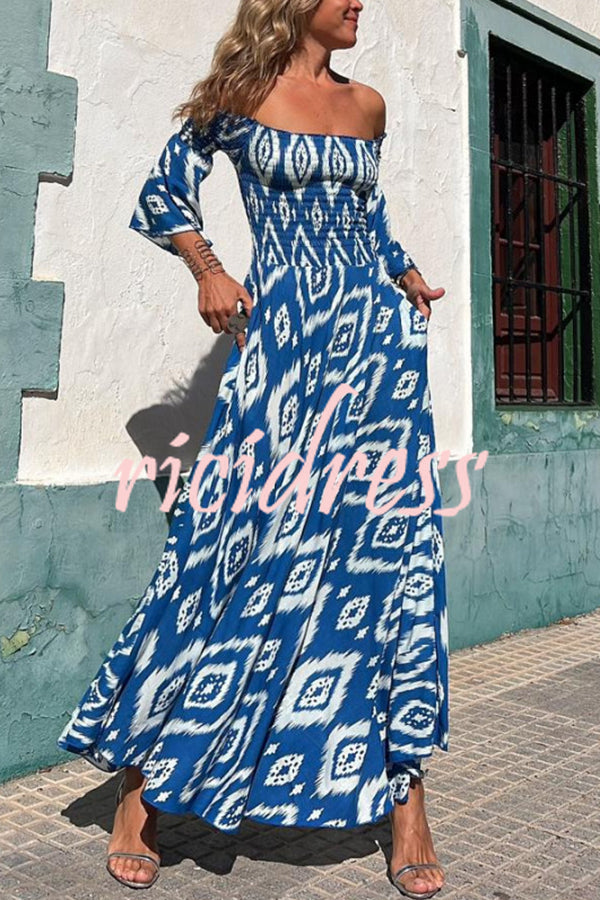 Close To The Vacation Ethnic Print Smocked Off Shoulder Pocketed Maxi Dress