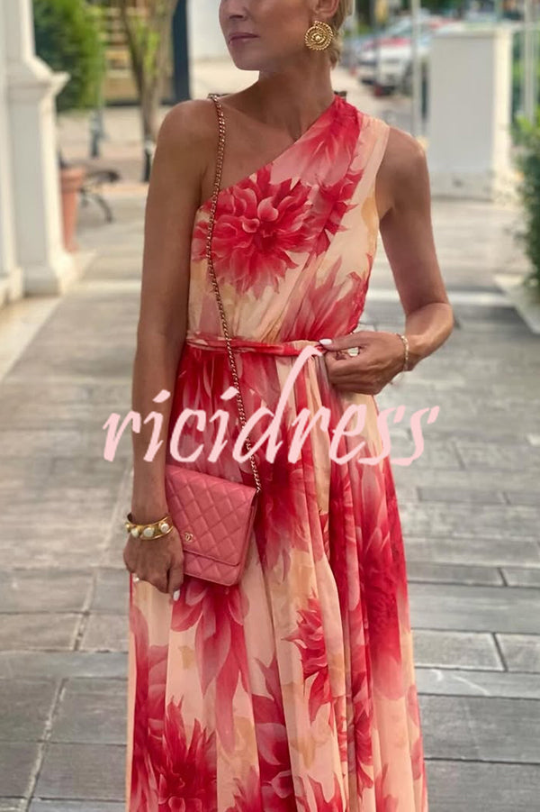 Floral Print One Shoulder Waist Tie Full Hem Resort Style Maxi Dress
