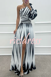 Purely Charming Printed Rose Pendant One Shoulder Pleated Slit Maxi Dress